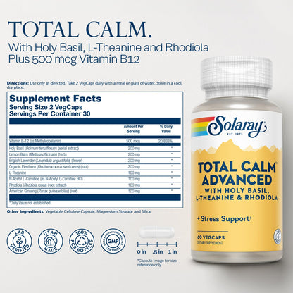 SOLARAY Total Calm Advanced - Nervous System Health and Cellular Energy Support - with Holy Basil, L Theanine, Rhodiola Rosea, Plus Vitamin B12 and Ginseng, Lab Verified, 60-Day Guarantee, 30 Servings