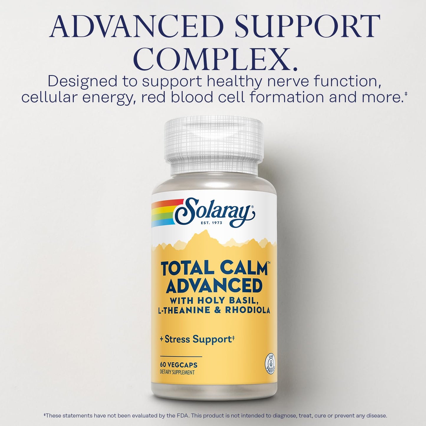 SOLARAY Total Calm Advanced - Nervous System Health and Cellular Energy Support - with Holy Basil, L Theanine, Rhodiola Rosea, Plus Vitamin B12 and Ginseng, Lab Verified, 60-Day Guarantee, 30 Servings