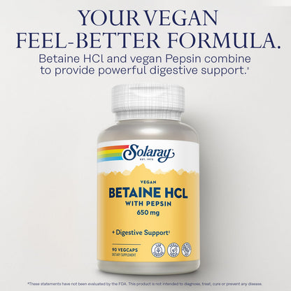 SOLARAY Vegan Betaine HCL with Pepsin - Digestive Health Supplement, 90 VegCaps | 60-Day Guarantee