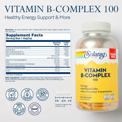 SOLARAY Vitamin B Complex 100 mg, 275 VegCaps | Energy, Immune & Nerve Support | Vegan
