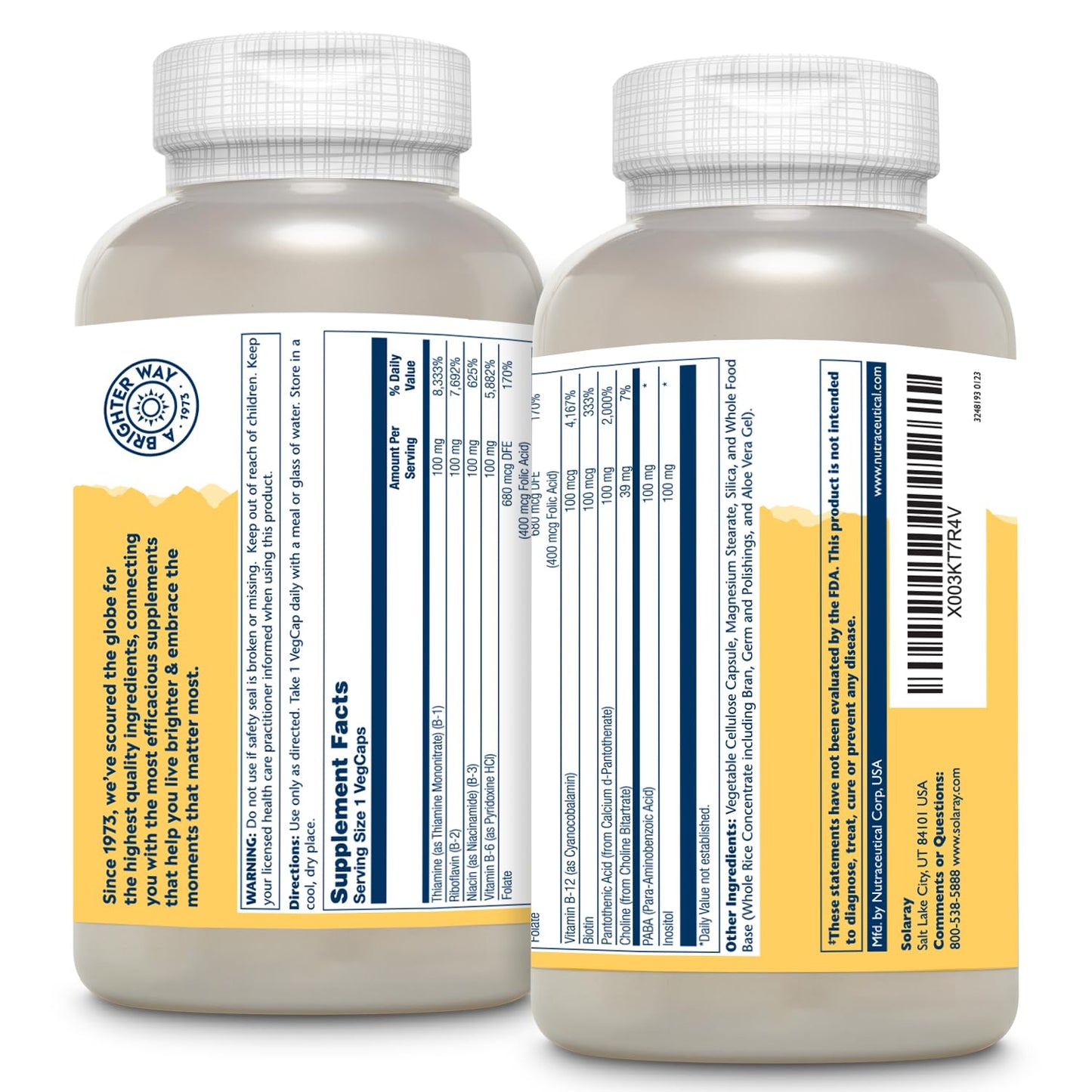 SOLARAY Vitamin B Complex 100 mg, 275 VegCaps | Energy, Immune & Nerve Support | Vegan
