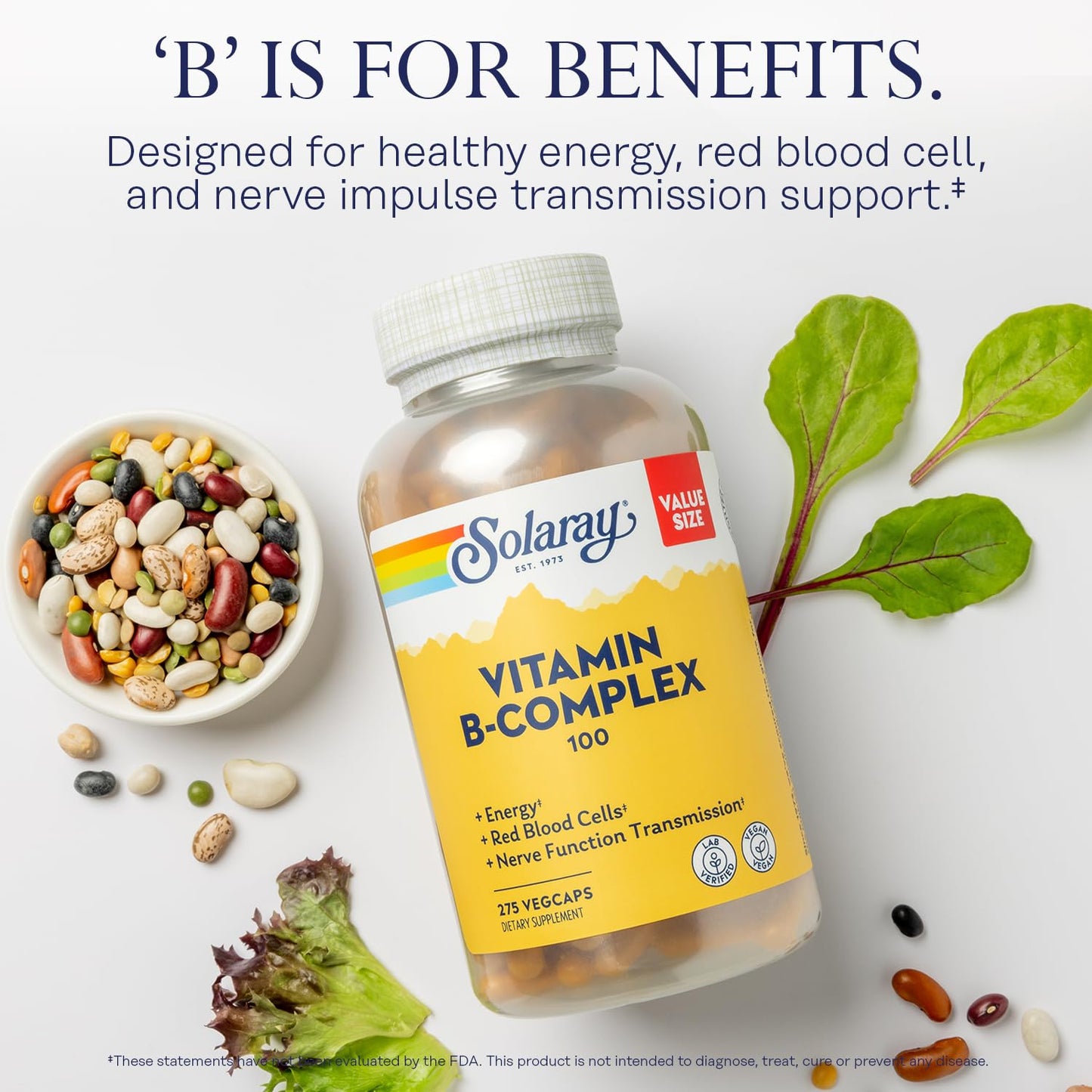 SOLARAY Vitamin B Complex 100 mg, 275 VegCaps | Energy, Immune & Nerve Support | Vegan