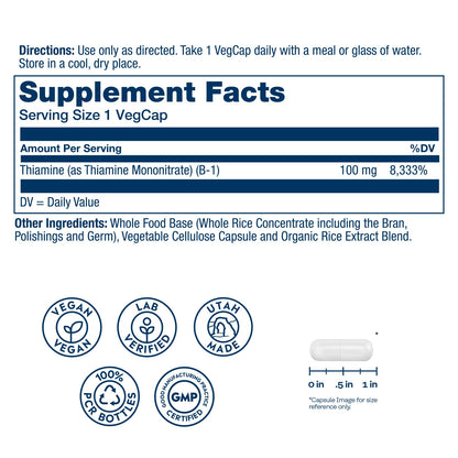 SOLARAY Vitamin B1 100mg (Thiamine) – Cellular Energy & Nervous System Support | Vegan | 100 Servings