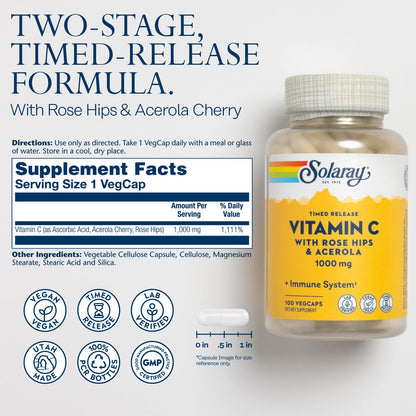 SOLARAY Vitamin C 1000mg Time Release – Rose Hips & Acerola – Vegan, 100 Servings