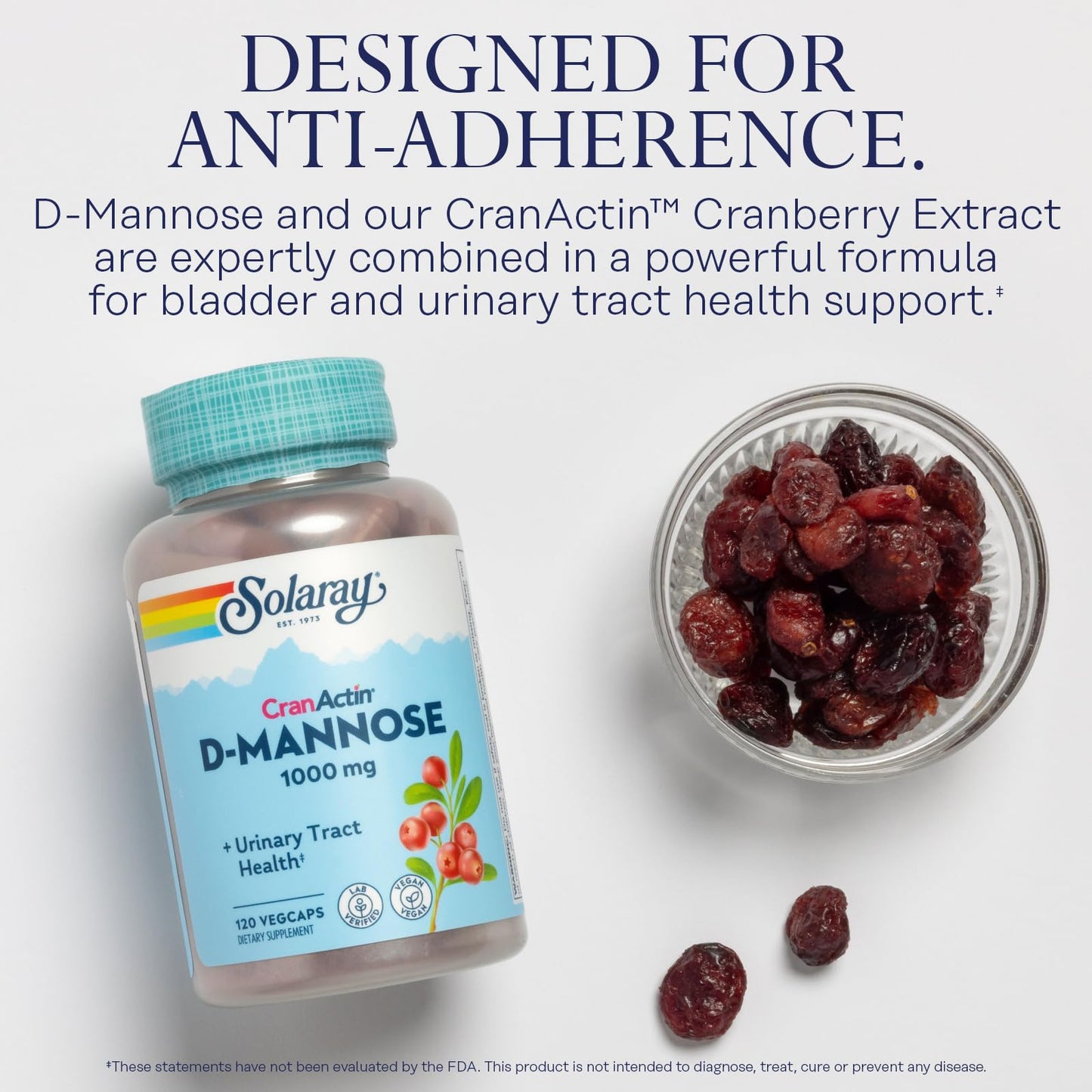SOLARAY D-Mannose 1000mg with CranActin Cranberry Extract - Vegan Urinary Tract Support + Vitamin C