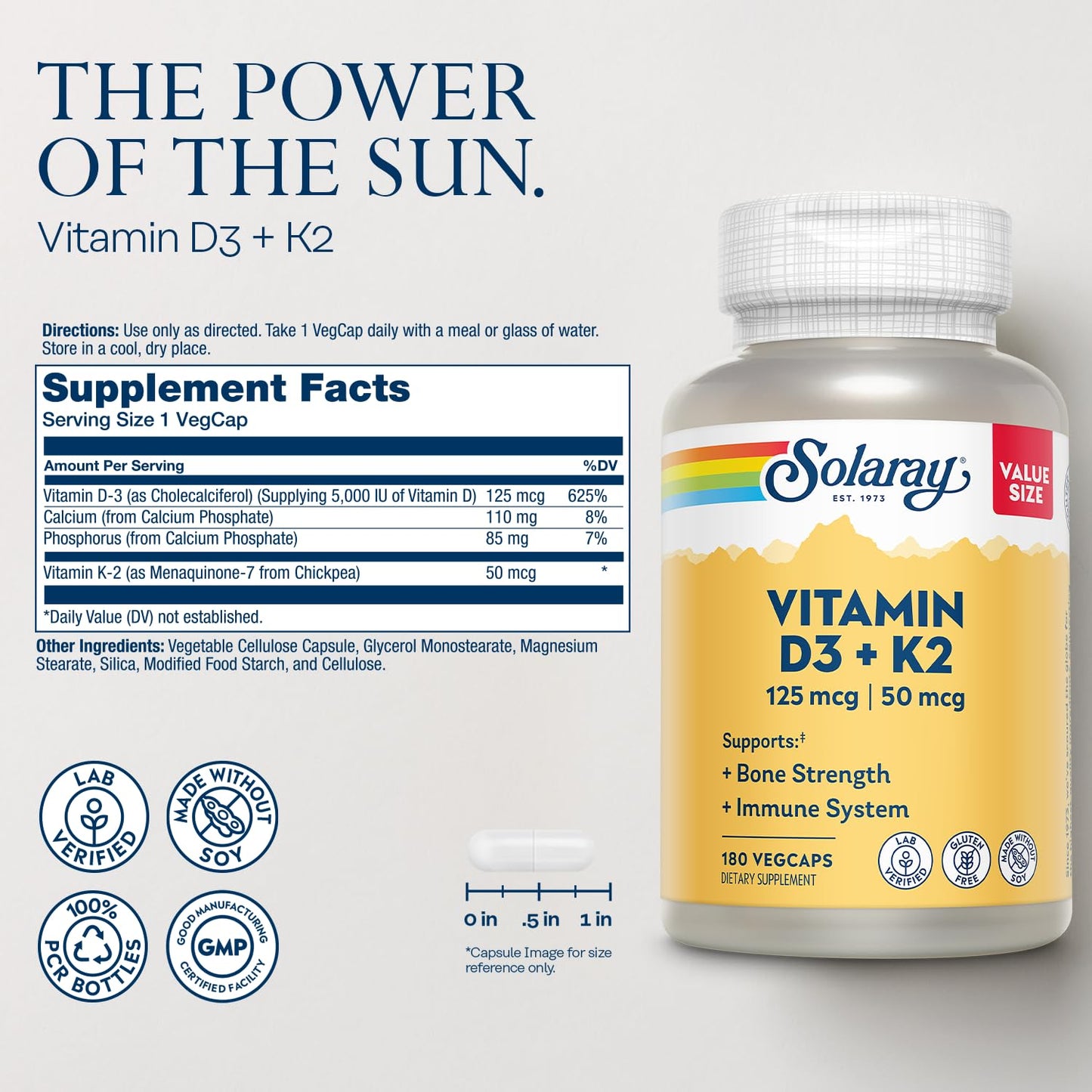 SOLARAY Vitamin D3 K2 5000 IU/50 mcg MK-7 – Bone & Immune Support (Soy-Free, 180 VegCaps)