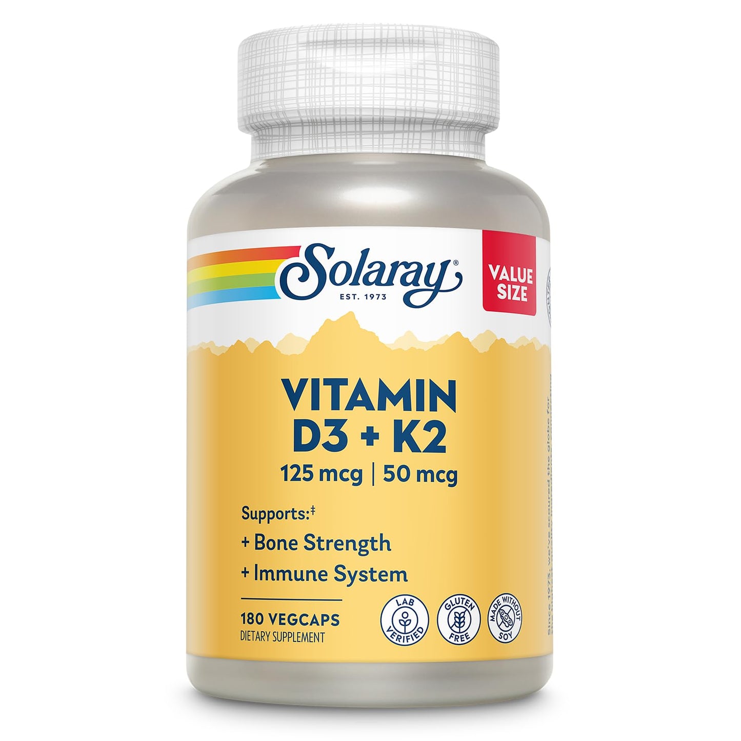 SOLARAY Vitamin D3 K2 5000 IU/50 mcg MK-7 – Bone & Immune Support (Soy-Free, 180 VegCaps)