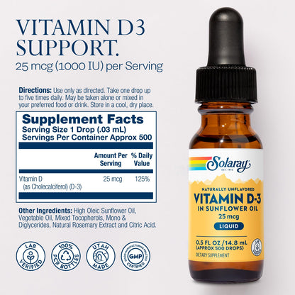 SOLARAY Vitamin D3 Liquid Drops 1000 IU | Enhanced Absorption