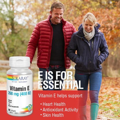 SOLARAY Vitamin E d-Alpha Tocopherol 268mg (400 IU) | Heart & Skin Health, Antioxidant Activity Support (50 CT)