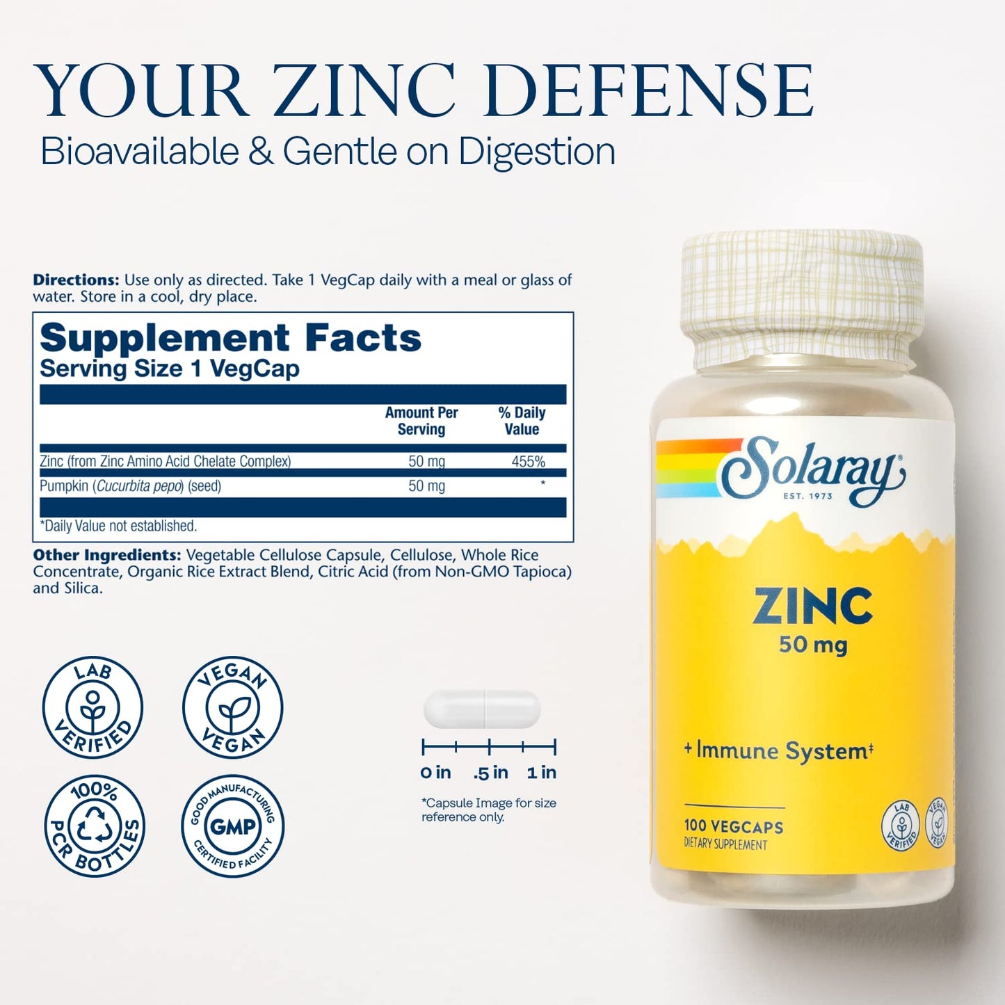 Solaray Zinc 50mg Immune Support Capsules – 100 Count, Vegan