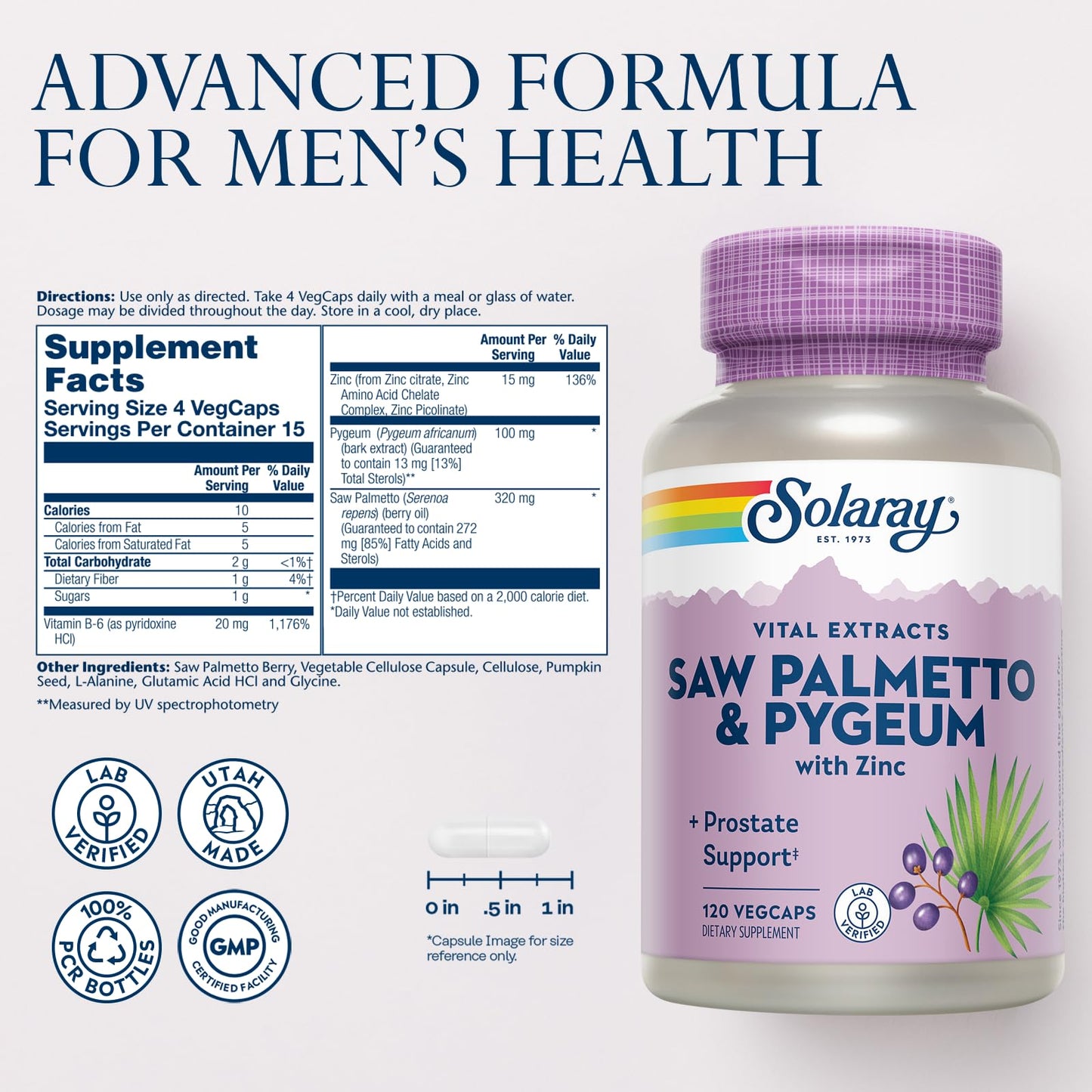SOLARAY Saw Palmetto & Pygeum – Prostate Health Support for Men | Zinc, Pumpkin Seeds, Vitamin B6 | Vegan & Gluten Free | 30 Servings