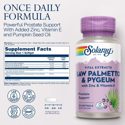 SOLARAY Saw Palmetto & Pygeum – Prostate Support for Men, 30 Softgels | 60-Day Guarantee