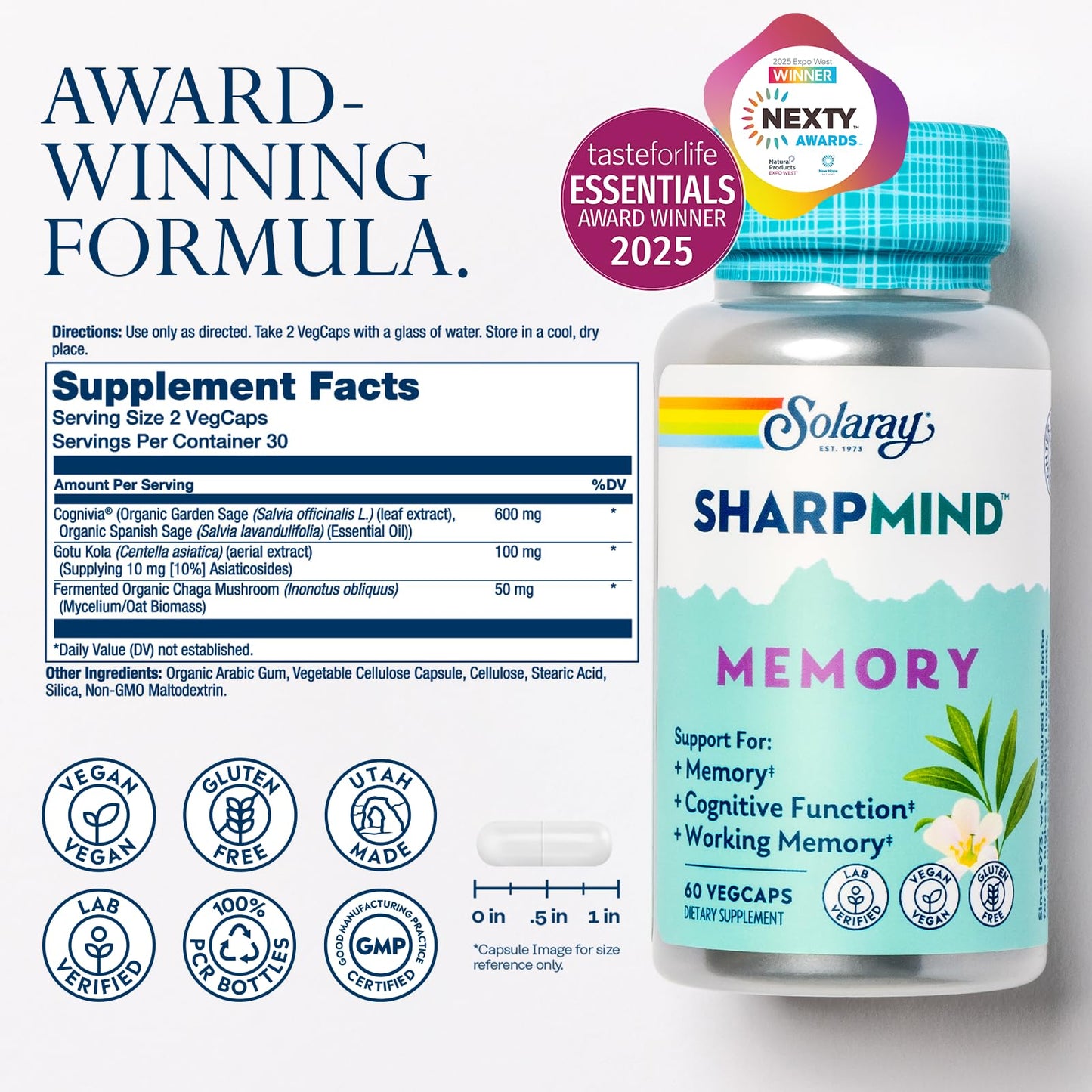 SOLARAY SharpMind Memory Formula – Cognivia, Gotu Kola & Chaga Brain Support | 60-Servings, 60 VegCaps