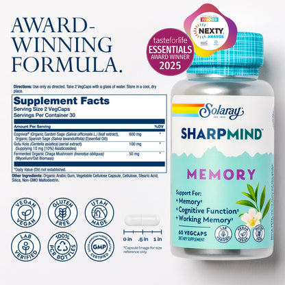 SOLARAY SharpMind Memory Formula – Cognivia, Gotu Kola & Chaga Brain Support | 60-Servings, 60 VegCaps