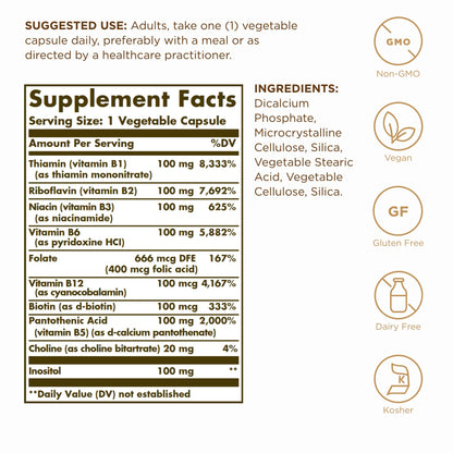 Solgar B-Complex 100 — 200 Total Servings (2x100 Veggie Capsules) for Energy Metabolism, Nervous System & Cardiovascular Support | Non-GMO, Vegan, Gluten Free