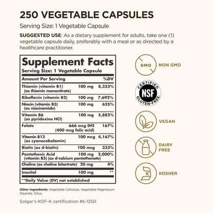 Solgar B-Complex 100 — 250 Veg Capsules for Energy & Nervous System Support | Vegan, Non-GMO