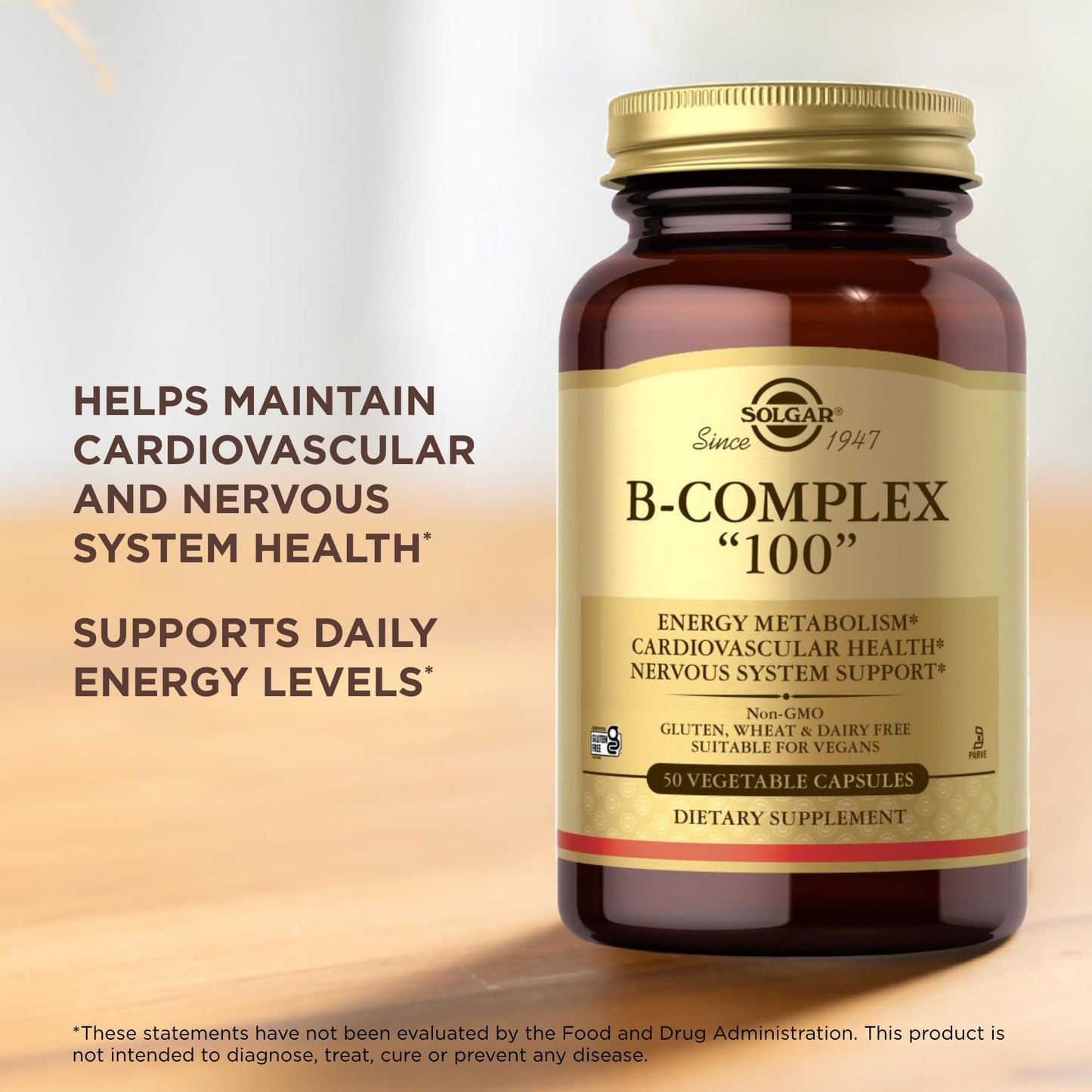 Solgar B-Complex 100 - 50 Veg Capsules (50 Servings) | Nervous System Support, Energy Metabolism, Non-GMO, Vegan, Gluten Free, Dairy Free, Kosher