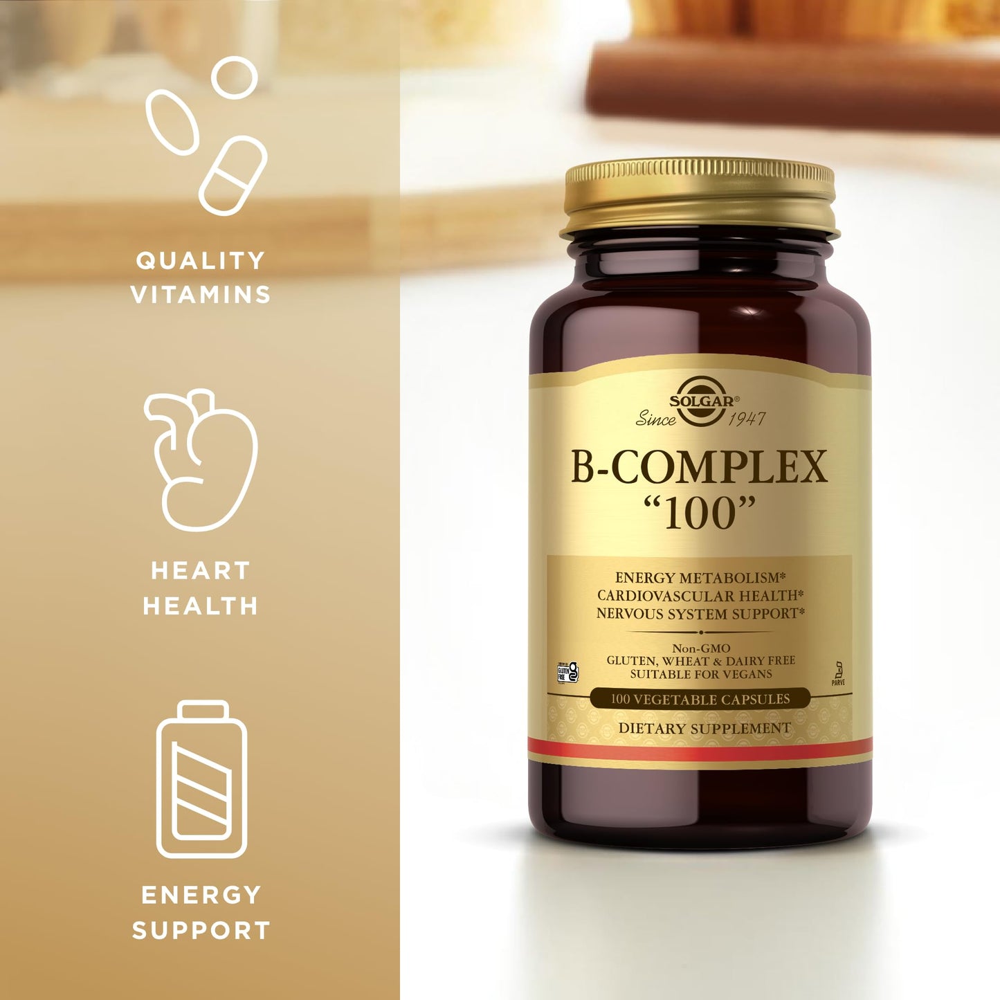 Solgar B-Complex 100 — 200 Total Servings (2x100 Veggie Capsules) for Energy Metabolism, Nervous System & Cardiovascular Support | Non-GMO, Vegan, Gluten Free