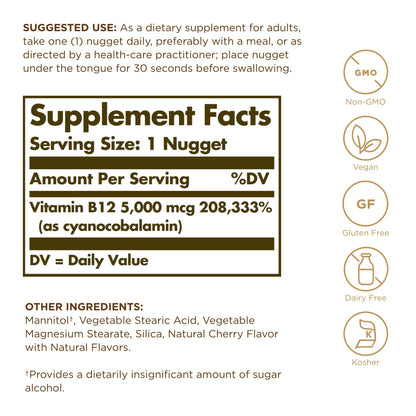 Solgar Vitamin B12 5000 mcg – 30 Nuggets | Vegan, Non-GMO, Gluten & Dairy Free