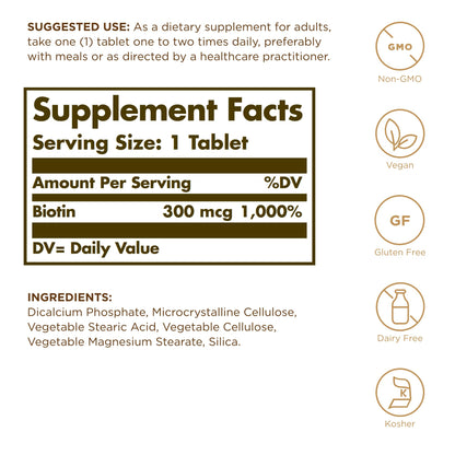 Solgar Biotin 300 mcg – 200 Servings (2x100) | Skin, Nails & Hair Support | Non-GMO, Vegan, Gluten Free, Dairy Free, Kosher