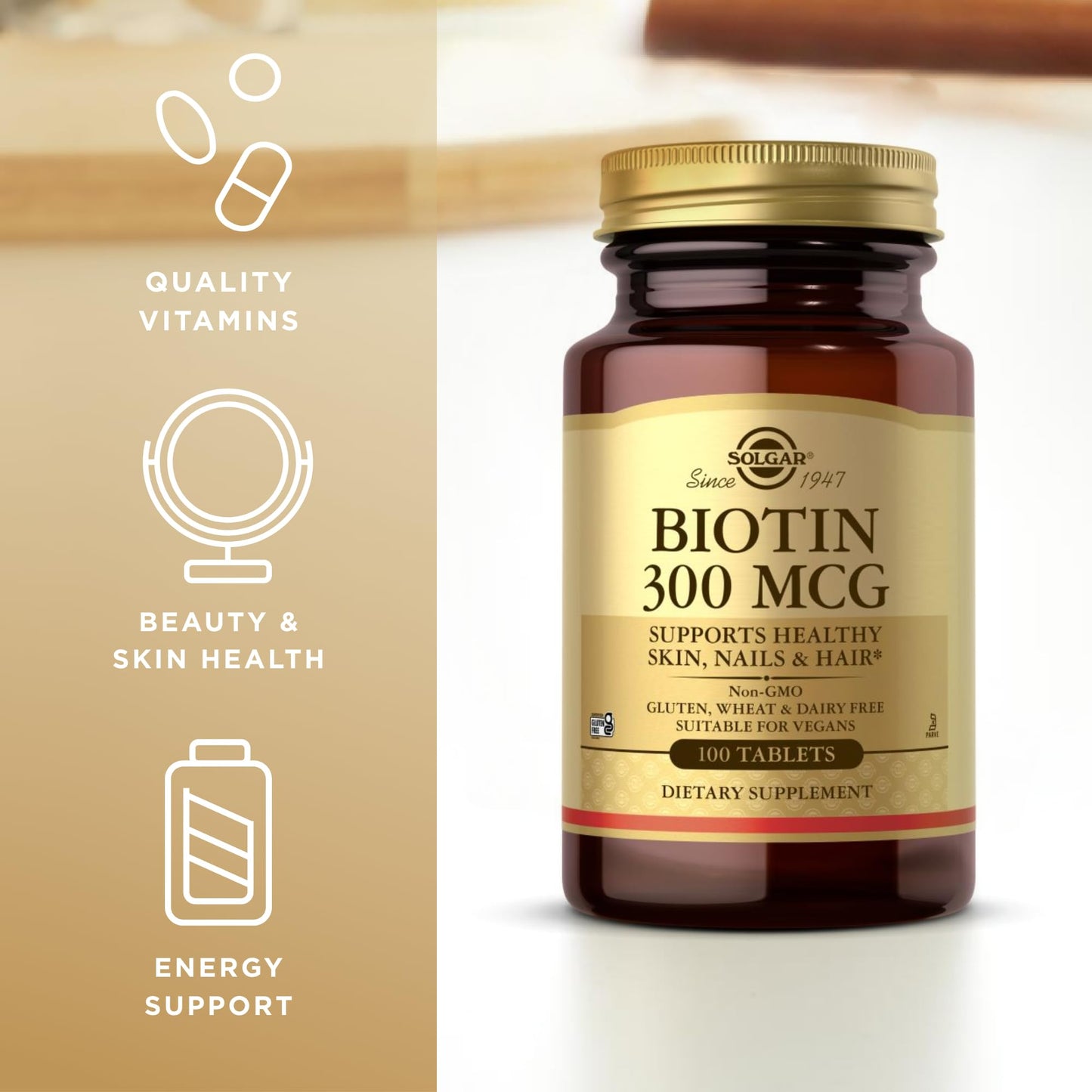 Solgar Biotin 300 mcg – 200 Servings (2x100) | Skin, Nails & Hair Support | Non-GMO, Vegan, Gluten Free, Dairy Free, Kosher