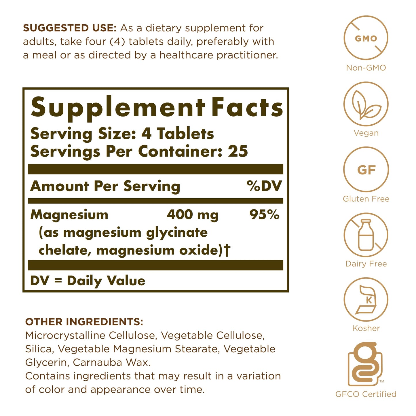 Solgar Chelated Magnesium - 400 mg/Serving | 25 Servings | Vegan & Gluten Free