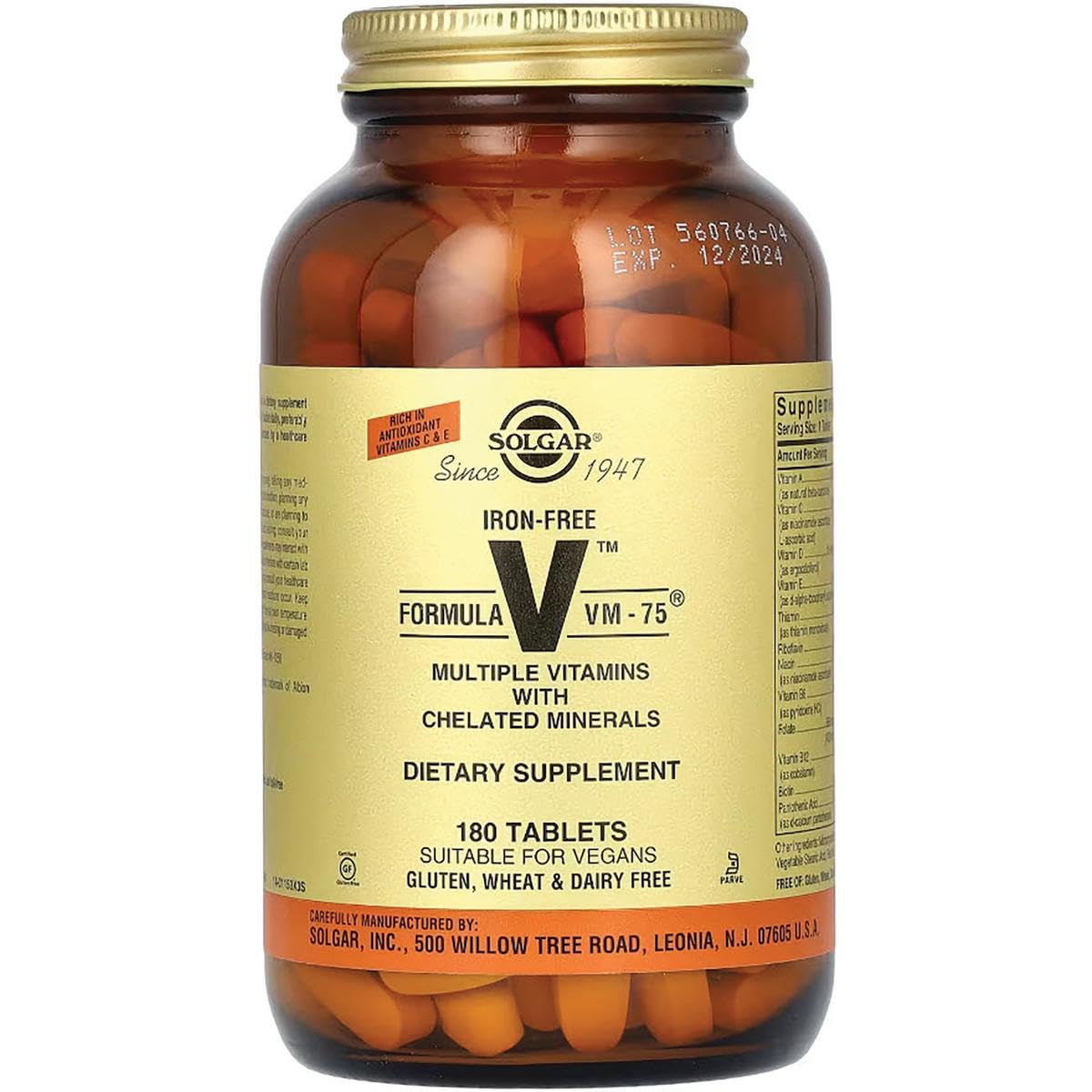 Solgar Iron-Free VM-75 Multivitamin with Chelated Minerals – 180 Tablets | Vegan, Gluten & Dairy Free