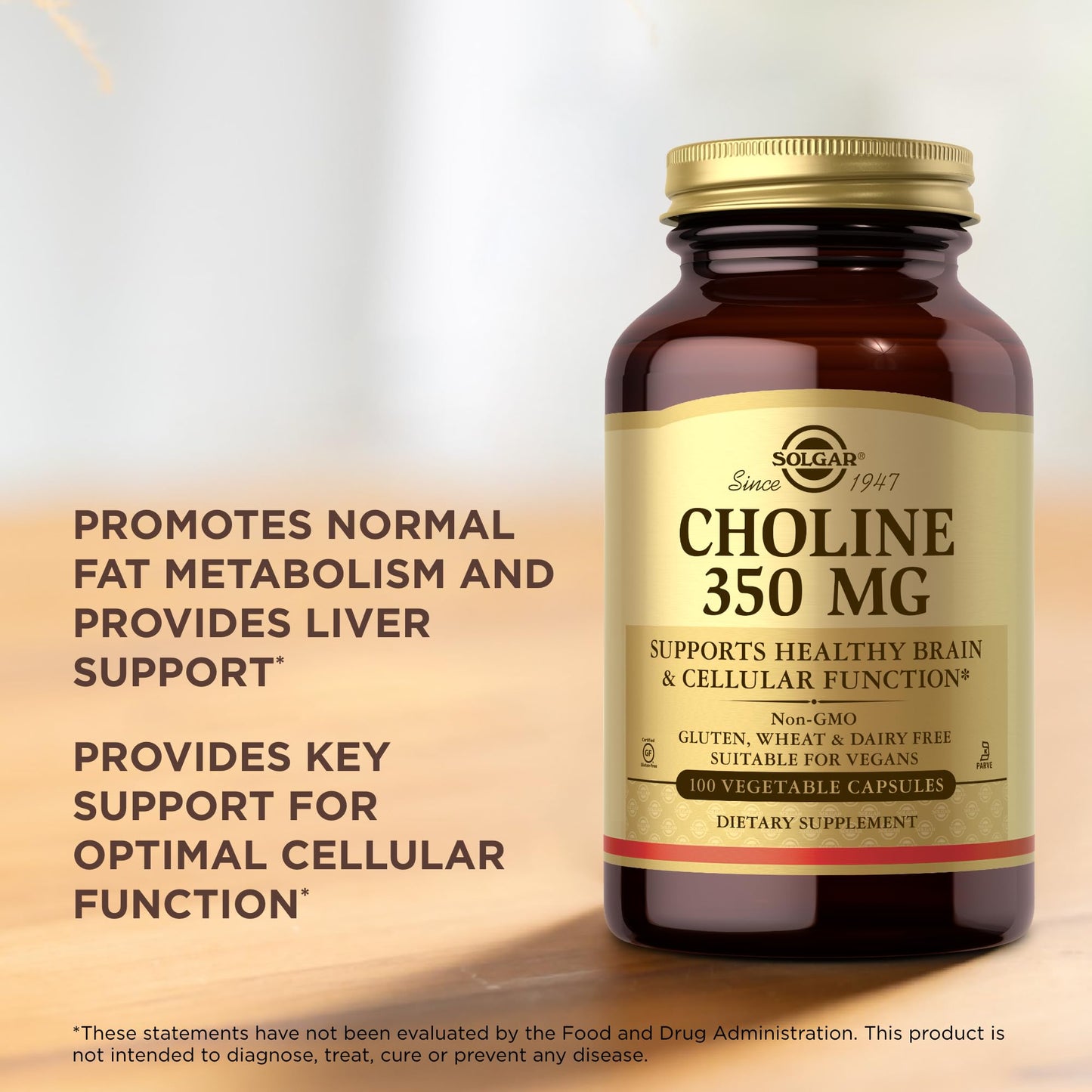 Solgar Choline 350 mg - 100 Vegetable Capsules | Non-GMO, Vegan, Kosher