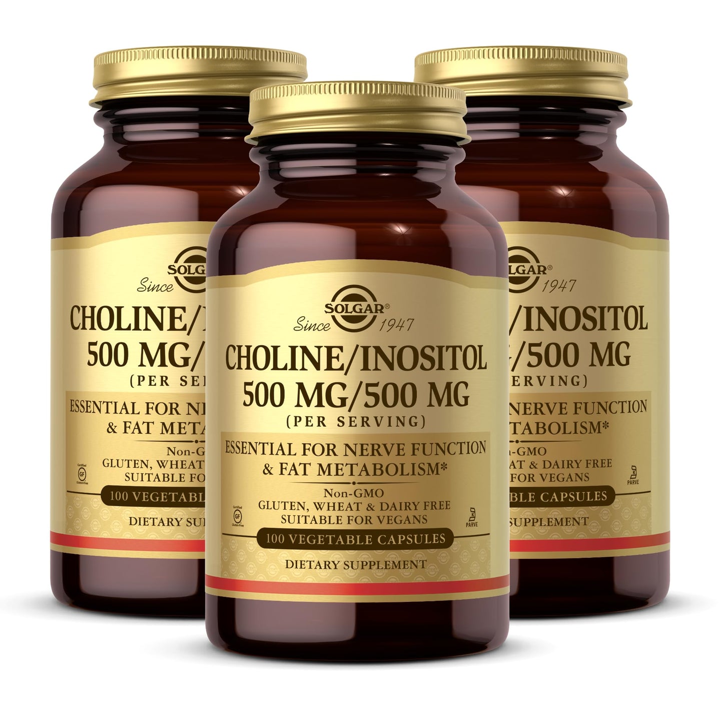 Solgar Choline/Inositol 500 mg/500 mg - 100 Veg Capsules (Pack of 3) | Energy Metabolism, Liver Health