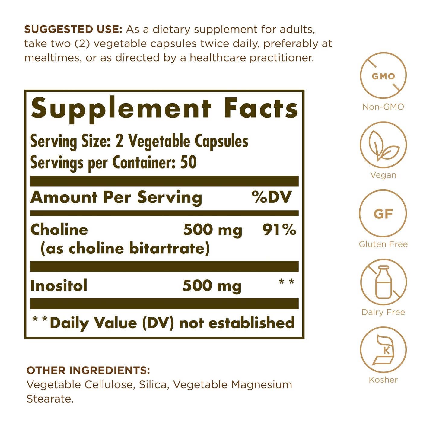 Solgar Choline/Inositol 500 mg/500 mg - 100 Veg Capsules (Pack of 3) | Energy Metabolism, Liver Health