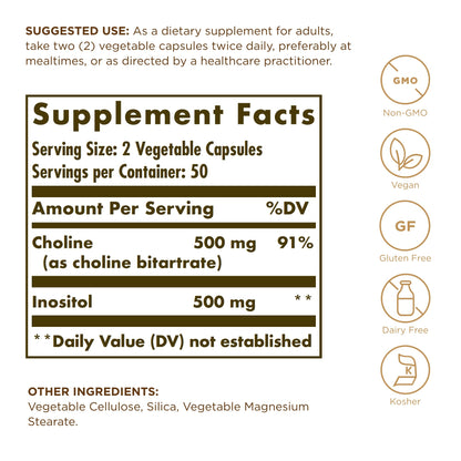 Solgar Choline/Inositol 500 mg/500 mg - 100 Veg Capsules (Pack of 3) | Energy Metabolism, Liver Health