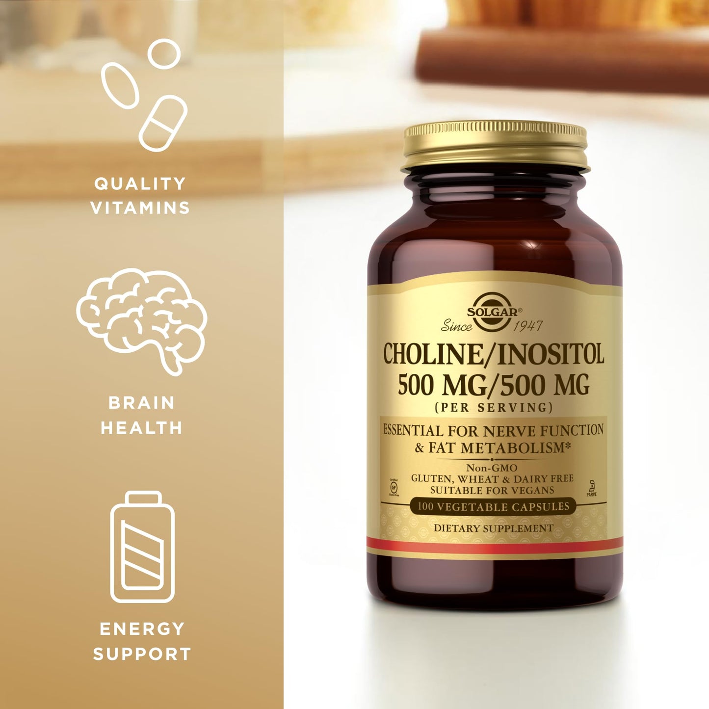 Solgar Choline/Inositol 500 mg/500 mg - 100 Veg Capsules (Pack of 3) | Energy Metabolism, Liver Health