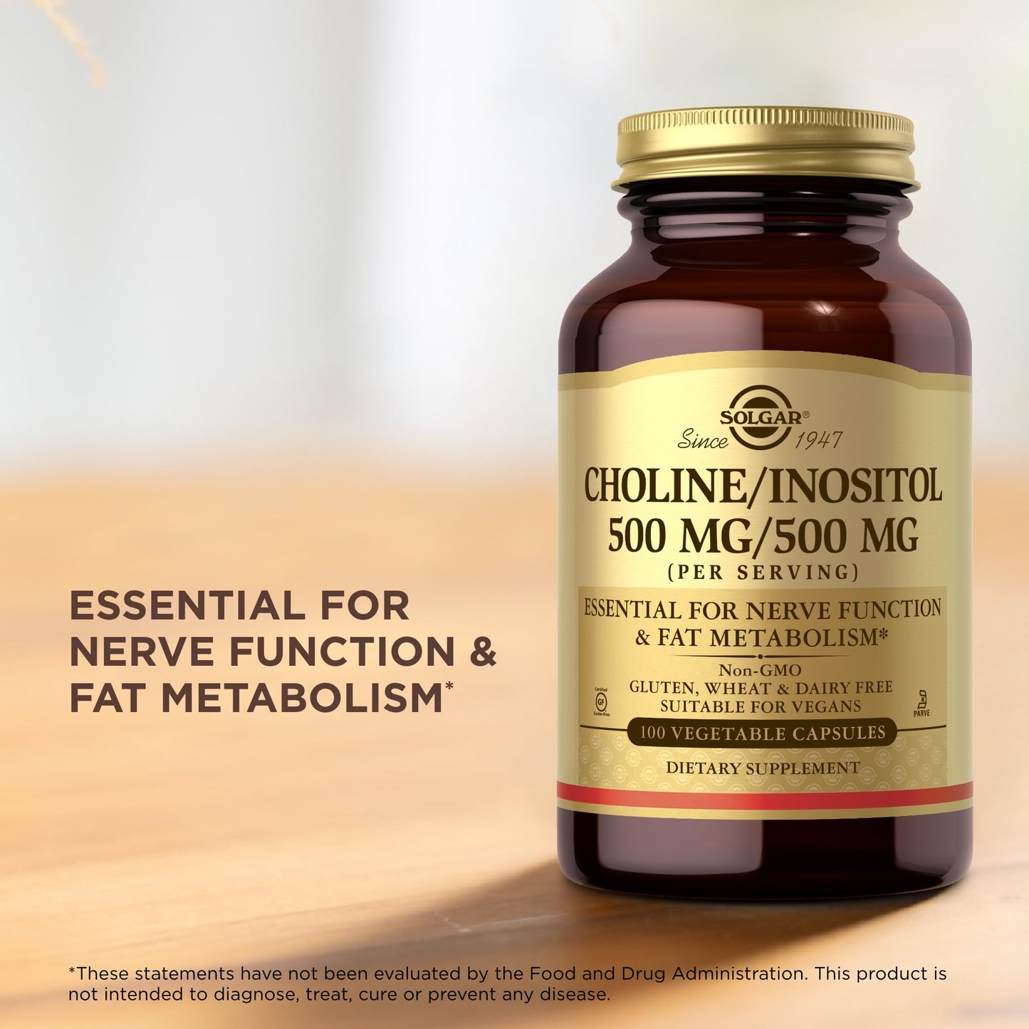 Solgar Choline/Inositol 500 mg/500 mg - 100 Veg Capsules (Pack of 3) | Energy Metabolism, Liver Health