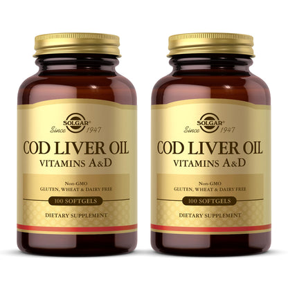 Solgar Cod Liver Oil - 100 Softgels (2-Pack) | Vitamins A & D | Non-GMO Gluten Free