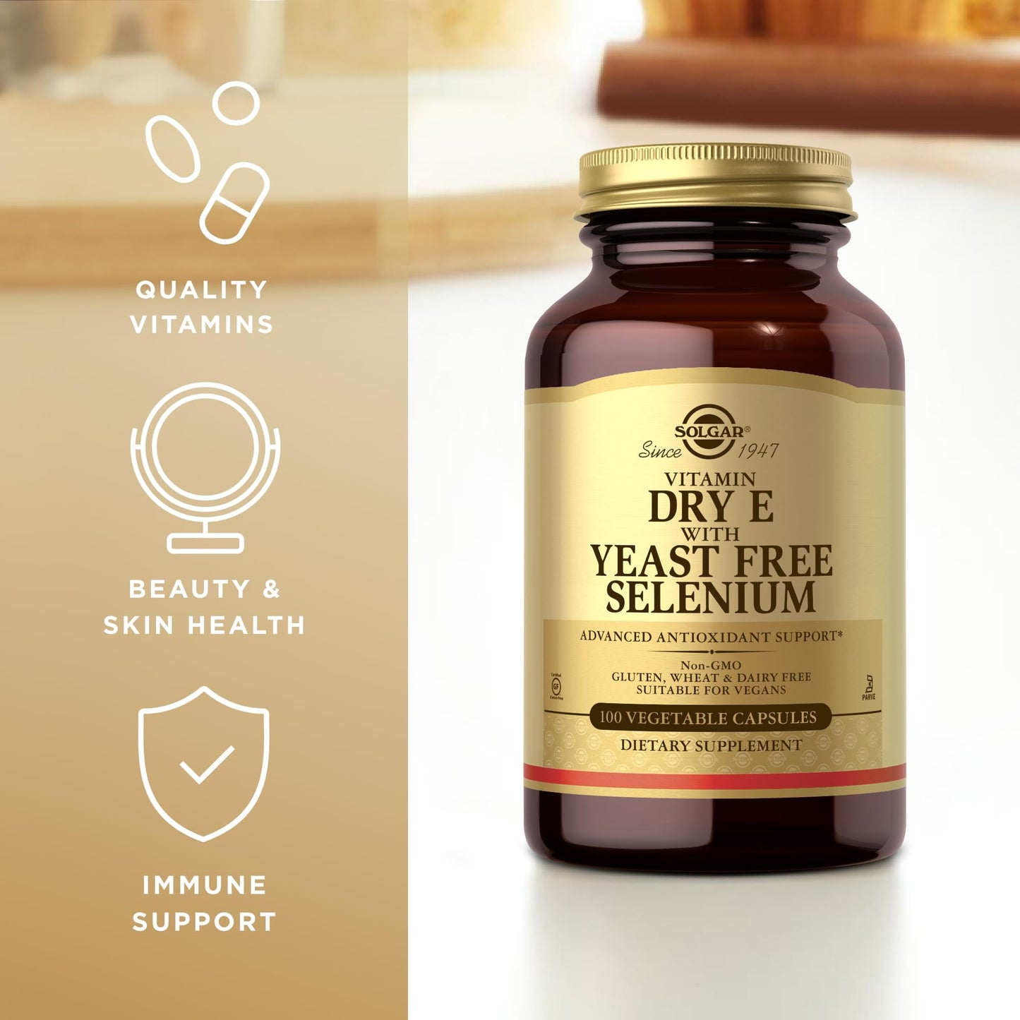Solgar Dry Vitamin E with Yeast-Free Selenium - 100 Veg Capsules - 50 Servings