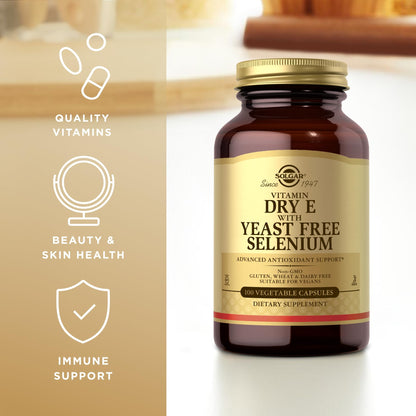 Solgar Dry Vitamin E with Yeast-Free Selenium - 100 Veg Capsules - 50 Servings