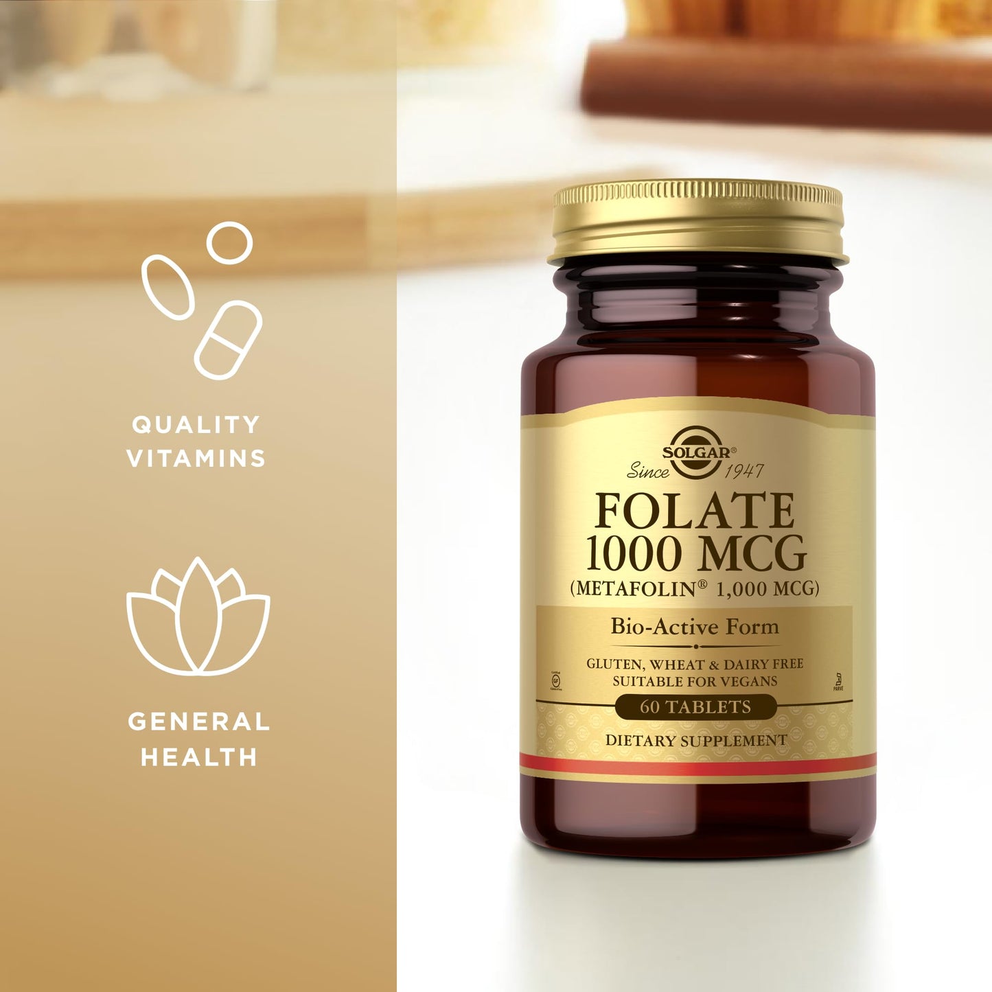 Solgar Folate 1000 mcg Metafolin – 60 Tablets – Vegan, Gluten Free, Dairy Free, Kosher – 60 Servings