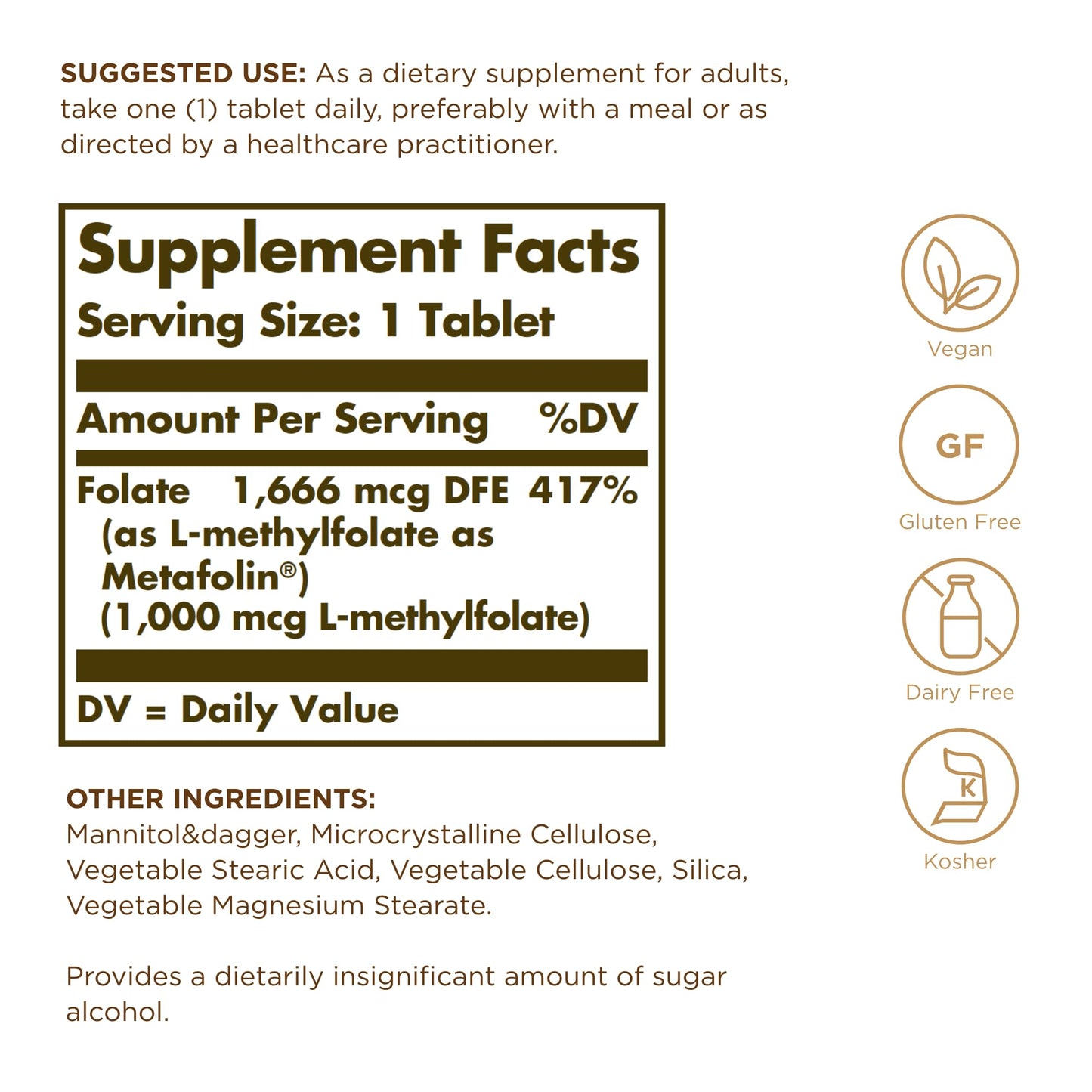 Solgar Folate 1000 mcg – 120 Tablets, 2 Pack | Metafolin Bio-Active