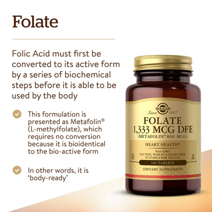 Solgar Folate 1,333 mcg DFE – 100 Tablets | 800 mcg Bio-Active Metafolin – Heart Health, Vegan, Non-GMO, Gluten Free, Kosher