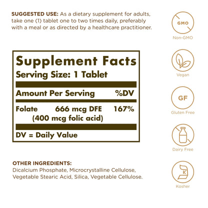 Solgar Folate 666 mcg DFE (Folic Acid 400 mcg) – 250 Tablets – Prenatal Support | Non-GMO, Vegan