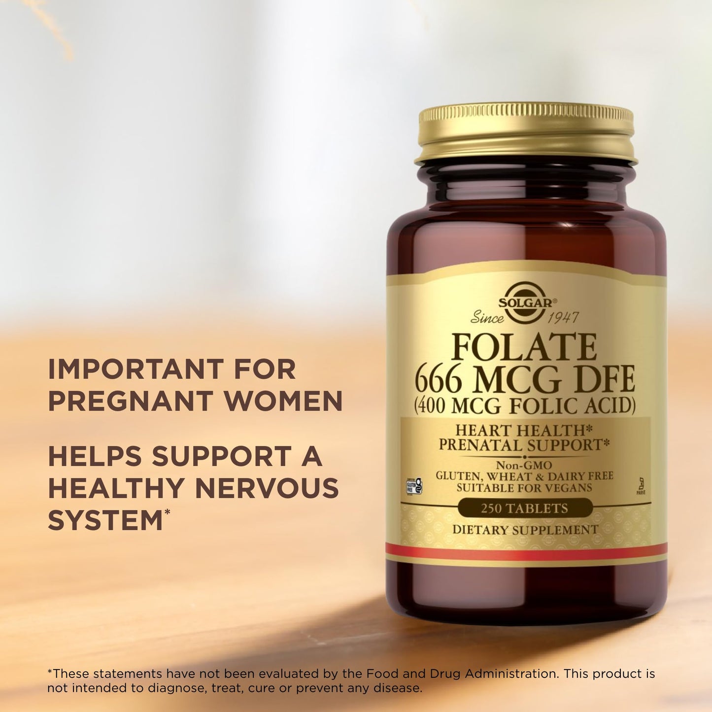 Solgar Folate 666 mcg DFE (Folic Acid 400 mcg) – 250 Tablets – Prenatal Support | Non-GMO, Vegan
