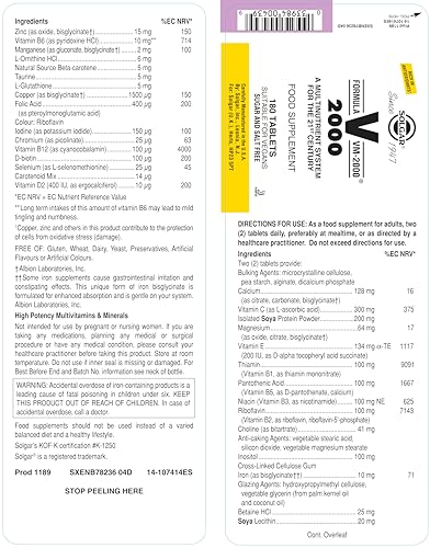 Solgar Formula VM-2000 Multinutrient System – 180 Tablets, Immune Support, Vegan