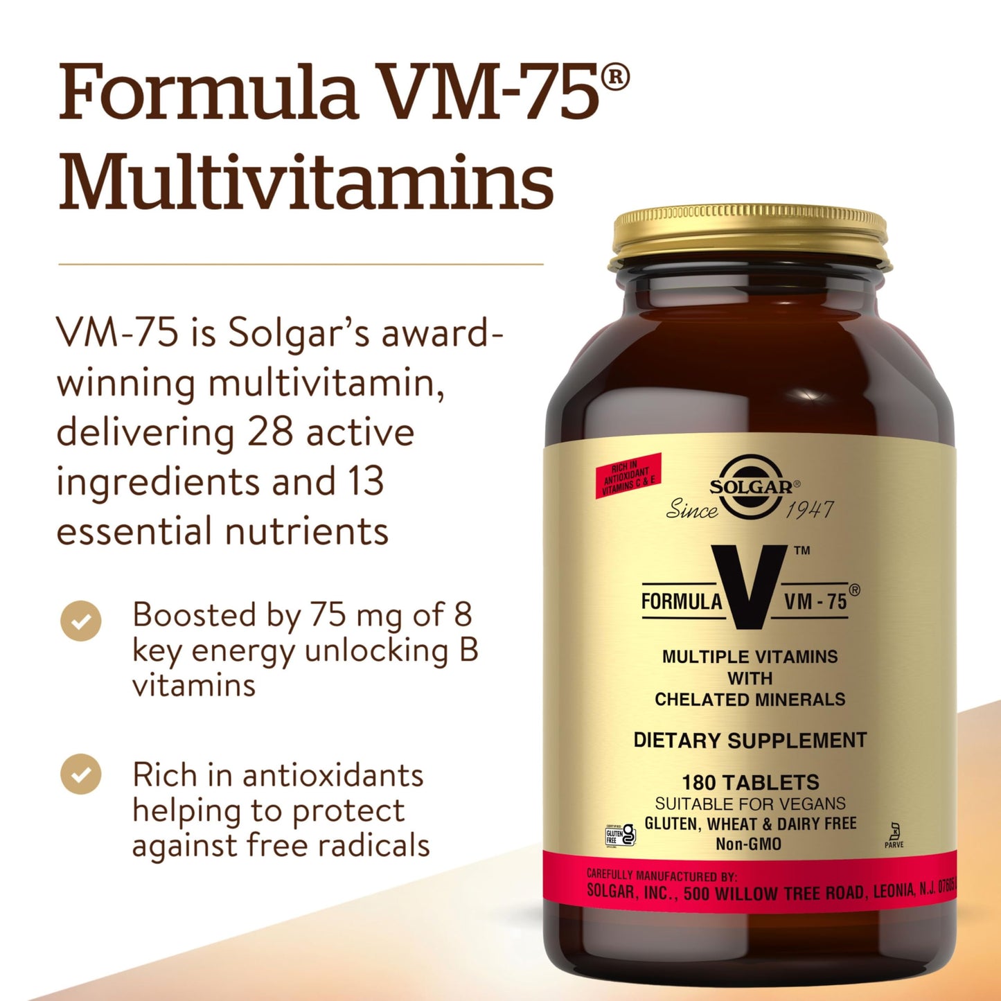 Solgar Formula VM-75 Multivitamin 180 Tablets – Chelated Minerals, Vegan, Gluten Free, Kosher
