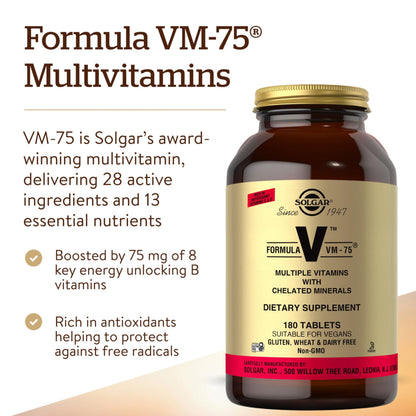 Solgar Formula VM-75 Multivitamin 180 Tablets – Chelated Minerals, Vegan, Gluten Free, Kosher