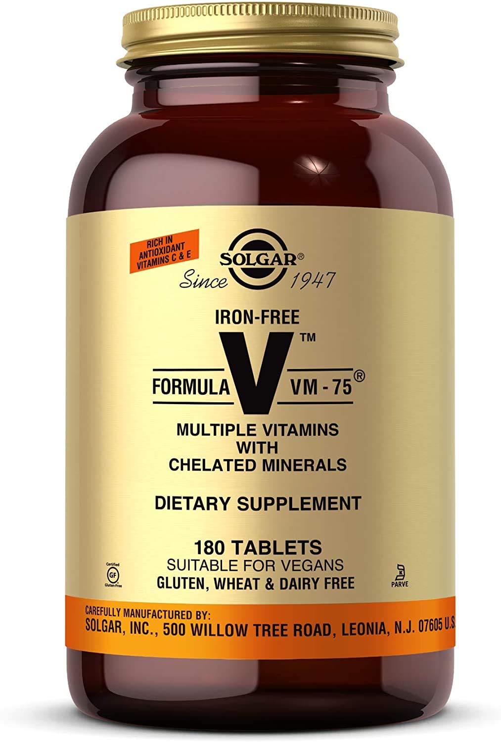 Solgar Iron-Free VM-75 Multivitamin with Chelated Minerals – 180 Tablets | Vegan, Gluten & Dairy Free