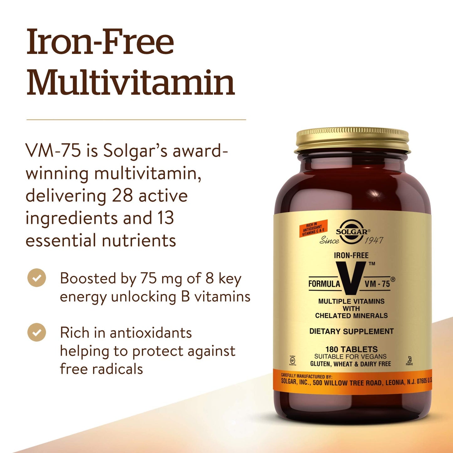 Solgar Iron-Free VM-75 Multivitamin with Chelated Minerals – 180 Tablets | Vegan, Gluten & Dairy Free
