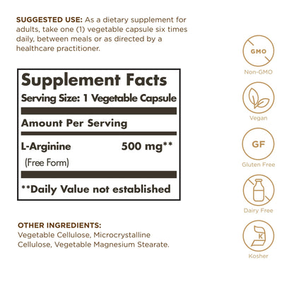 Solgar L-Arginine 500 mg – 100 Veg Capsules | Nitric Oxide Support
