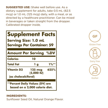 Solgar Liquid Vitamin D3 125 mcg (5,000 IU) - 2 fl oz - Delicious, Natural Orange Flavor - Helps Maintain Healthy Bones & Teeth - Immune System Support - Gluten Free, Dairy Free, Kosher - 59 Servings