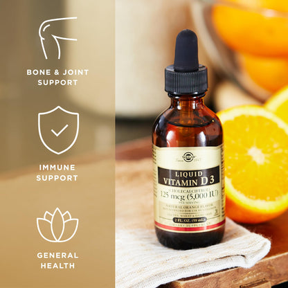 Solgar Liquid Vitamin D3 125 mcg (5,000 IU) - 2 fl oz - Delicious, Natural Orange Flavor - Helps Maintain Healthy Bones & Teeth - Immune System Support - Gluten Free, Dairy Free, Kosher - 59 Servings