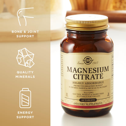 Solgar Magnesium Citrate 60 Tablets – Highly Absorbable, Supports Nerve, Muscle & Bone Health | Non-GMO, Vegan, Gluten Free, Kosher